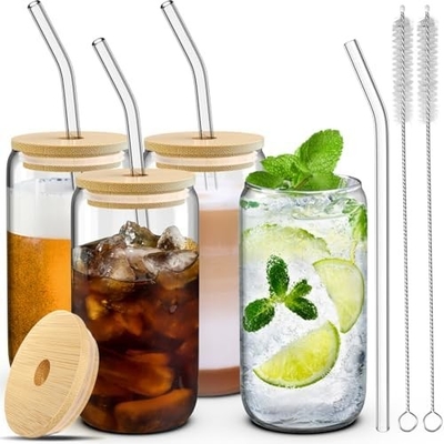 4 सेट शीशे के कप ढक्कन और स्ट्रॉ के साथ 16 औंस, गिलास पीने के सेट, बांस ढक्कन के साथ बर्फ कॉफी कप,