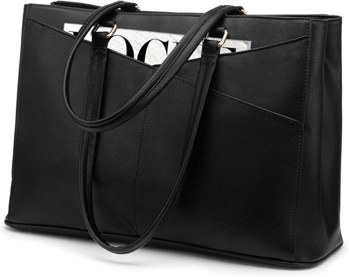 लैपटॉप TOTE BAG FOR WOMEN 15.6 INCH WATERPRUEF LEATHER कंप्यूटर बैग बिजनेस ऑफिस वर्क ब्रीफकेस ब्लैक
