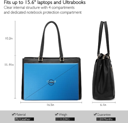 लैपटॉप TOTE BAG FOR WOMEN 15.6 INCH WATERPRUEF LEATHER कंप्यूटर बैग बिजनेस ऑफिस वर्क ब्रीफकेस ब्लैक