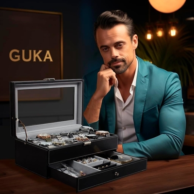 GUKA घड़ी बॉक्स 12 स्लॉट घड़ी डिस्प्ले आयोजक चमड़े के गहने मामले दराज कांच पुरुषों के लिए जन्मदिन महिलाओं, बच्चे पति