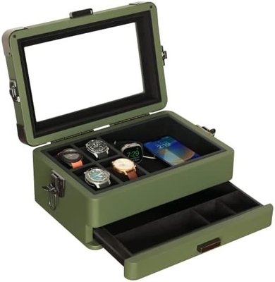 CASE ELEGANCE Military 10 स्लॉट वॉच बॉक्स केस ऑर्गनाइज़र पुरुषों के लिए, असली ग्लास टॉप, मॉड्यूलर वेलट ट्रे,