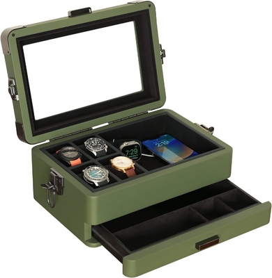 CASE ELEGANCE Military 10 स्लॉट वॉच बॉक्स केस ऑर्गनाइज़र पुरुषों के लिए, असली ग्लास टॉप, मॉड्यूलर वेलट ट्रे,