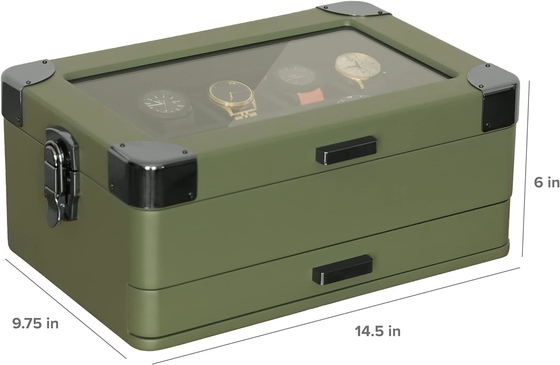 CASE ELEGANCE Military 10 स्लॉट वॉच बॉक्स केस ऑर्गनाइज़र पुरुषों के लिए, असली ग्लास टॉप, मॉड्यूलर वेलट ट्रे,