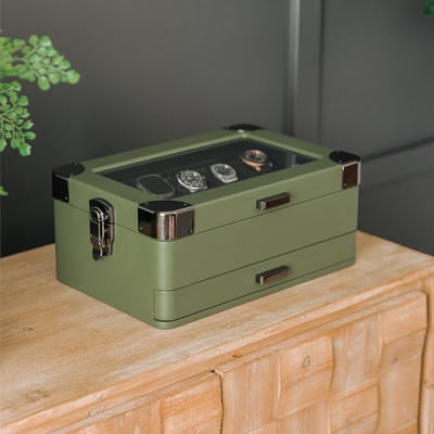 CASE ELEGANCE Military 10 स्लॉट वॉच बॉक्स केस ऑर्गनाइज़र पुरुषों के लिए, असली ग्लास टॉप, मॉड्यूलर वेलट ट्रे,