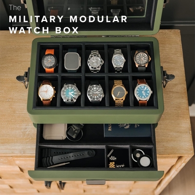 CASE ELEGANCE Military 10 स्लॉट वॉच बॉक्स केस ऑर्गनाइज़र पुरुषों के लिए, असली ग्लास टॉप, मॉड्यूलर वेलट ट्रे,