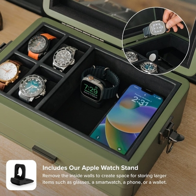 CASE ELEGANCE Military 10 स्लॉट वॉच बॉक्स केस ऑर्गनाइज़र पुरुषों के लिए, असली ग्लास टॉप, मॉड्यूलर वेलट ट्रे,