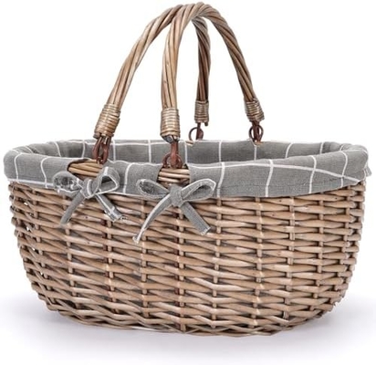 G GOOD GAIN डबल फोल्डिंग हैंडल के साथ Wicker पिकनिक टोकरी, विलो पिकनिक हैमर, प्राकृतिक हाथ बुना ईस्टर टोकरी,
