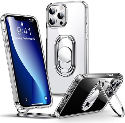 स्टैंड के साथ iPhone 12 प्रो मैक्स केस के लिए शील्ड्स अप, डबल रिंग धारक के साथ फोन केस स्पष्ट [समायोज्य और फोल्डेबल]