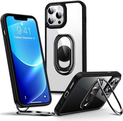 स्टैंड के साथ iPhone 12 प्रो मैक्स केस के लिए शील्ड्स अप, डबल रिंग धारक के साथ फोन केस स्पष्ट [समायोज्य और फोल्डेबल]