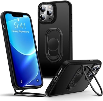 स्टैंड के साथ iPhone 12 प्रो मैक्स केस के लिए शील्ड्स अप, डबल रिंग धारक के साथ फोन केस स्पष्ट [समायोज्य और फोल्डेबल]