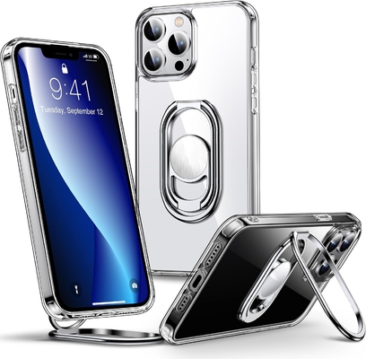 स्टैंड के साथ iPhone 12 प्रो मैक्स केस के लिए शील्ड्स अप, डबल रिंग धारक के साथ फोन केस स्पष्ट [समायोज्य और फोल्डेबल]
