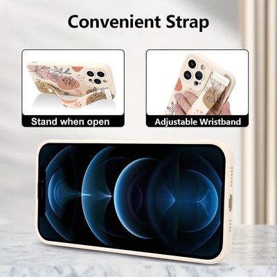 iPhone 12 प्रो मैक्स सिलिकॉन केस के साथ स्ट्रैप के साथ महिलाओं के लिए लड़कियों प्यारा पुष्प फूल पैटर्न डिजाइन समायोज्य नरम Wirstband
