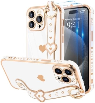 iPhone 12 प्रो प्यारा प्यार-दिल Plating स्ट्रैप फोन कवर महिलाओं के लिए लड़कियों के लिए ब्लिंग सिलिकॉन कैमरा लेंस सुरक्षा बंपर