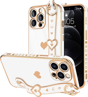 iPhone 12 प्रो प्यारा प्यार-दिल Plating स्ट्रैप फोन कवर महिलाओं के लिए लड़कियों के लिए ब्लिंग सिलिकॉन कैमरा लेंस सुरक्षा बंपर