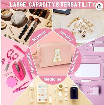 हैंडल के साथ व्यक्तिगत प्रारंभिक मेकअप बैग, इनर ज़िपर पॉकेट के साथ प्रीपी कॉस्मेटिक बैग, 8 9 10 11 12 13 14 साल की लड़की, किशोर लड़कियों महिलाओं शिक्षकों के लिए स्नातक उपहार