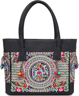 Embroidered Large Canvas Tote Bag for Women with Zipper Handmade Vintage Handbag Shoulder Bag