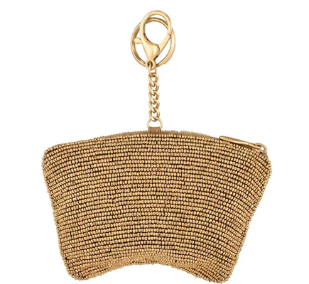 Let's Play Coin Purse Soft pink beaded coin bag with glittering gold crown zipper closure easy open trigger hook key ring and credit card fitting compact design